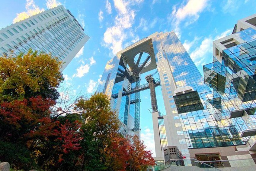 A modern cityscape with tall buildings, including a distinctive circular structure, and autumn-colored trees. 1