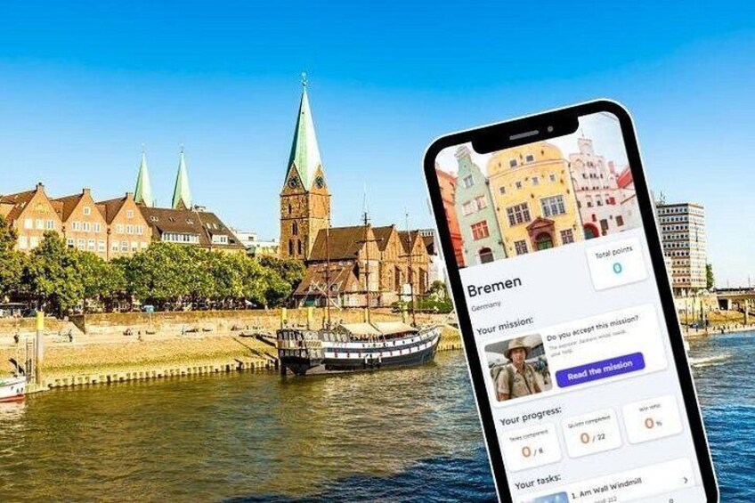 A smartphone displaying a travel app with a cityscape in the background. 1