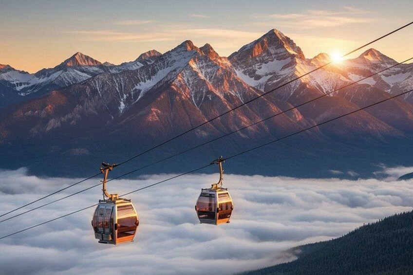 A cable car system over a mountain range with snow-capped peaks and a sunrise. 1