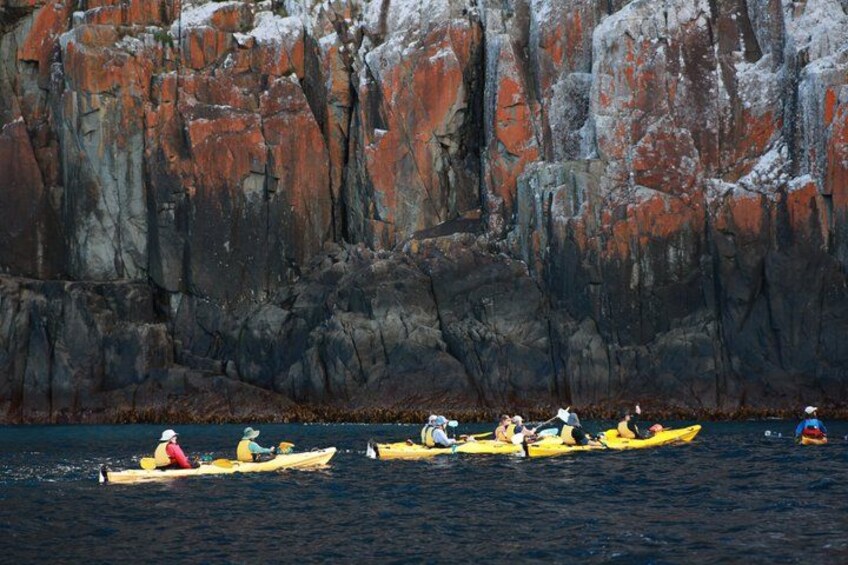 Un grupo de personas haciendo kayak en aguas tranquilas, con acantilados rocosos al fondo. 2
