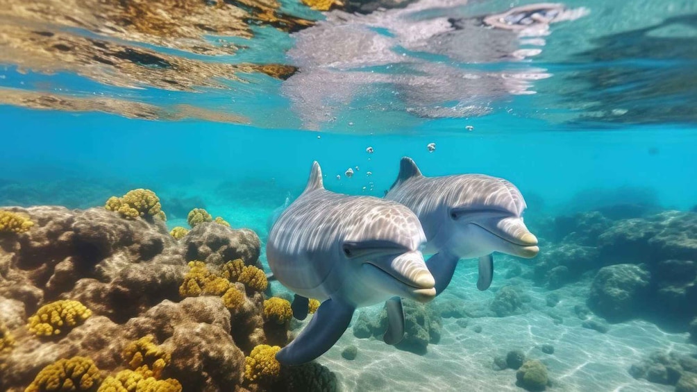 Two dolphins swimming near a coral reef. 1