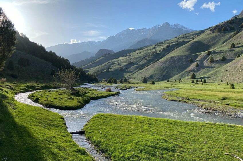Un río serpentea por un valle con hierba verde y colinas. 2
