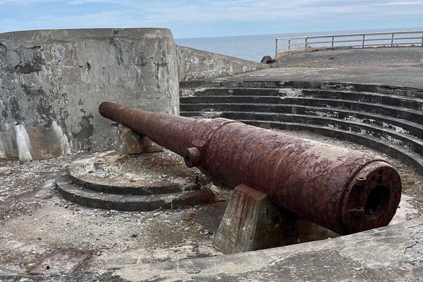 A rusted cannon on a concrete platform with steps leading up to a railing overlooking the sea. 3