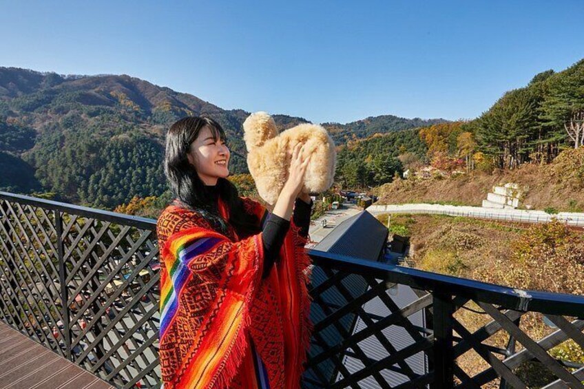 A person holding a fluffy object on a bridge with a mountainous landscape in the background. 3