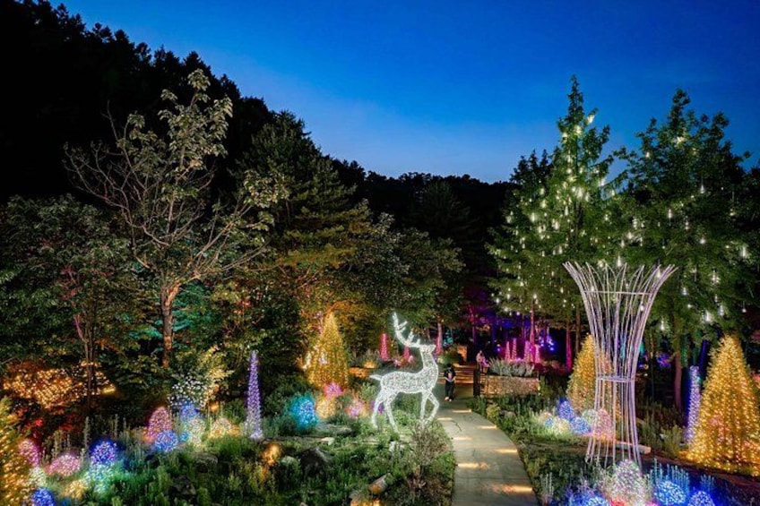 Un jardín nocturno con árboles iluminados, una escultura de ciervo y un sendero. 1