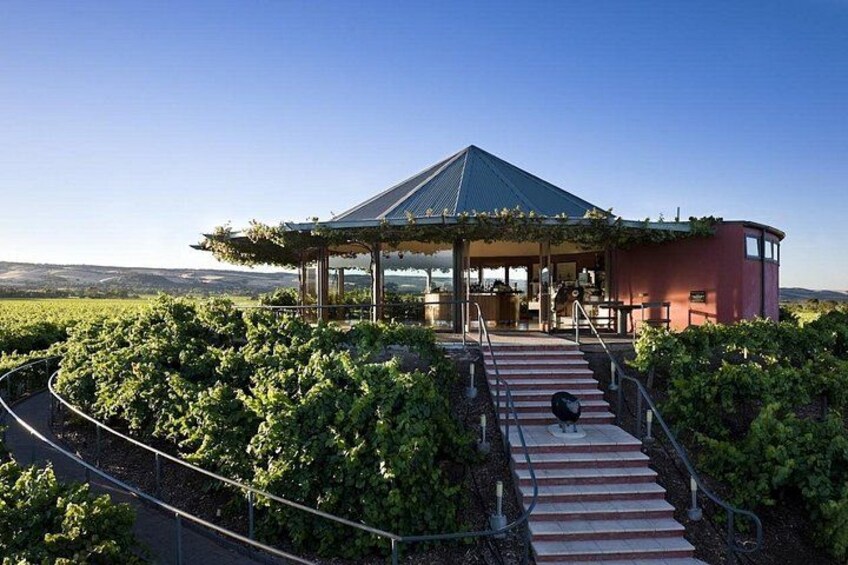 A vineyard with a gazebo, a red building, and a clear sky. 3