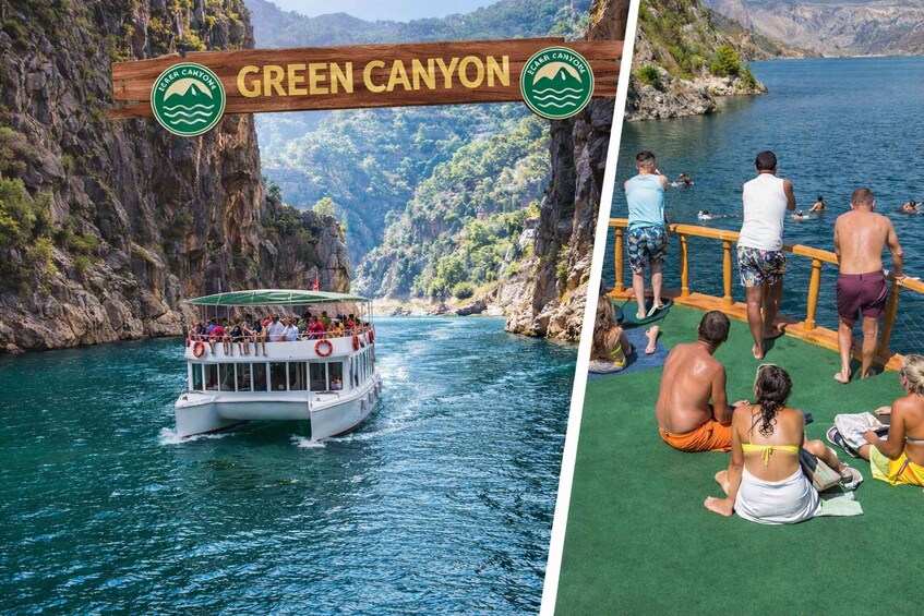 A boat on a river, a wooden sign reading 'GREEN CANYON,' and people swimming and relaxing by the water. 1