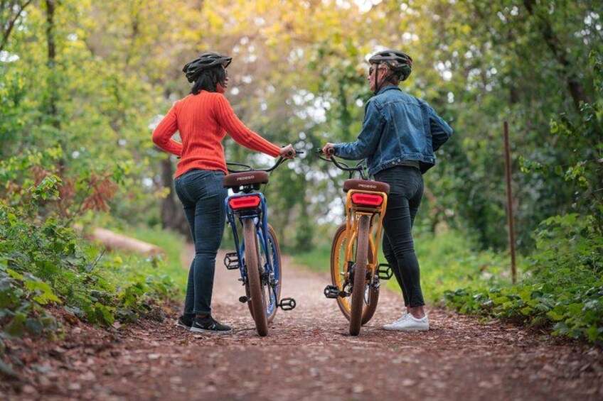 Two cyclists on a dirt path surrounded by trees. 2