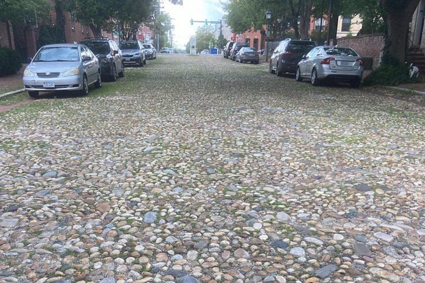 A cobblestone street lined with parked cars and trees. 2