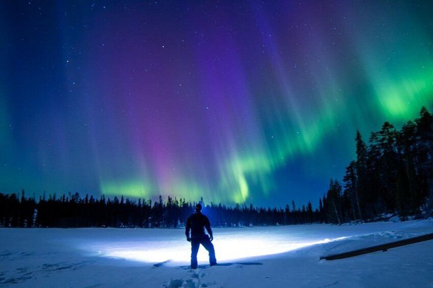 A person standing on snow with the aurora borealis in the background. 2