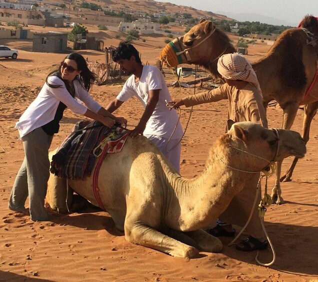 A camel with a saddle and a blanket being led by people in a desert setting. 2
