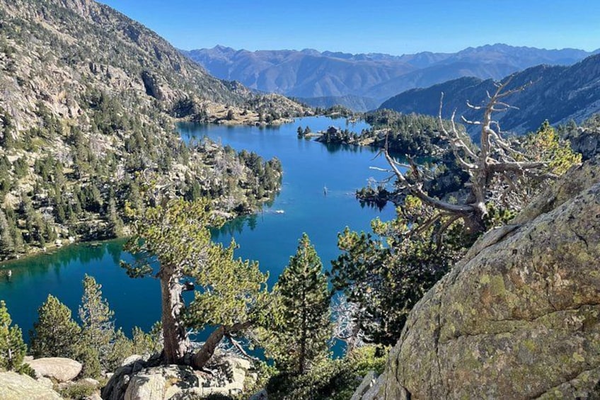 A lake surrounded by mountains and trees. 1