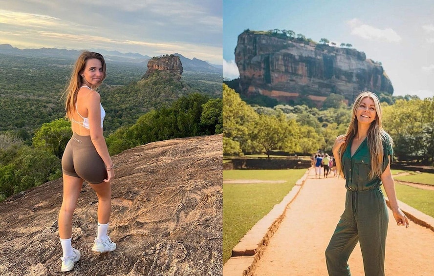 Eine Person steht auf einer Felsformation und blickt auf eine große Felsformation im Hintergrund. 1