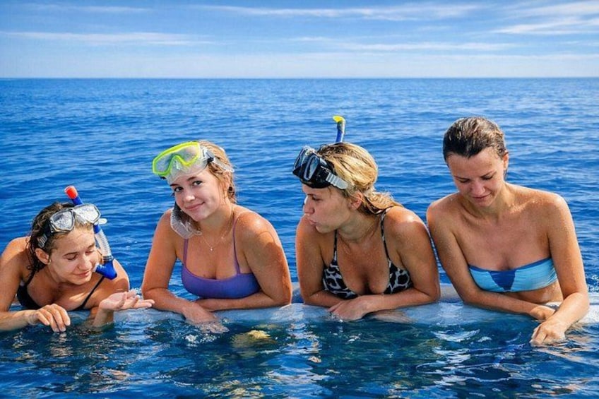 Four people snorkeling in clear blue water. 2