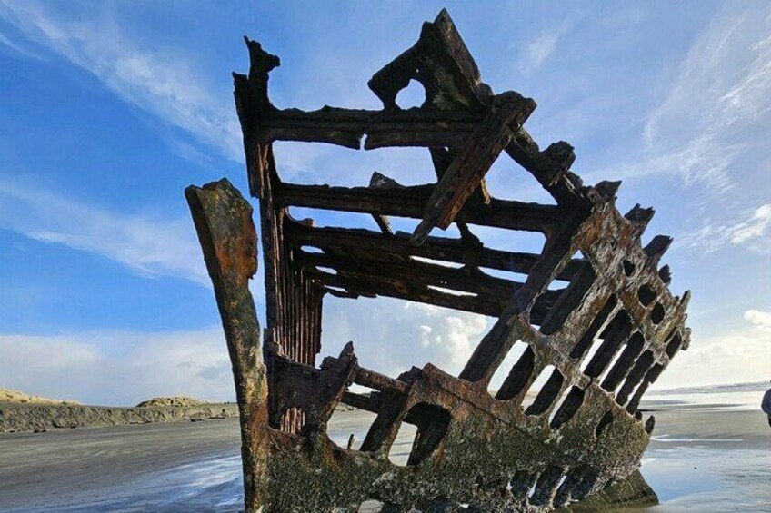 A rusted shipwreck on a beach with clear skies. 4
