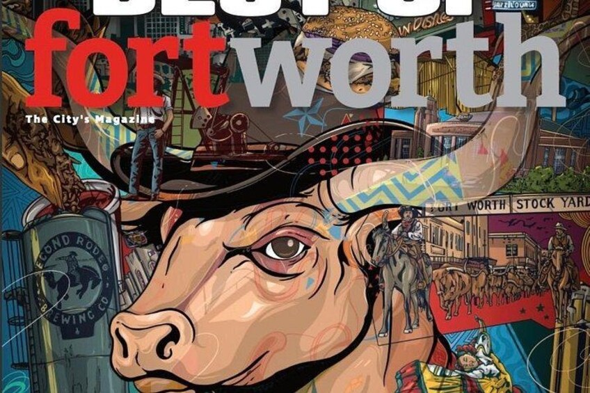 Una ilustración colorida con una vaca destacada, varias escenas urbanas y el texto 'FORTWORTH'. 4