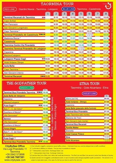A bus schedule for Taormina tour with stops like Terminal Recanati, San Giovanni Lungomare, and Taormina Centro. 5