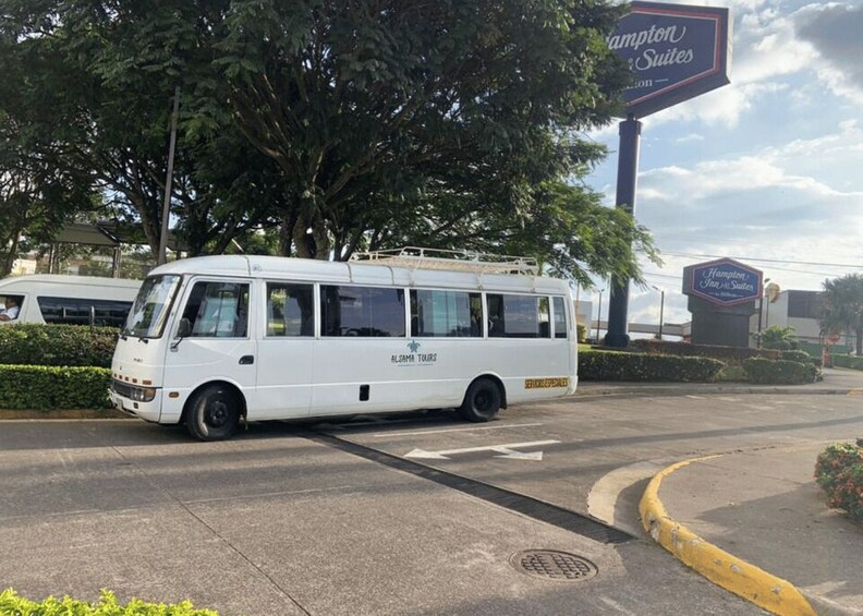 A white bus labeled "ALBAMA TOURS" parked on a road with a yellow curb. 2
