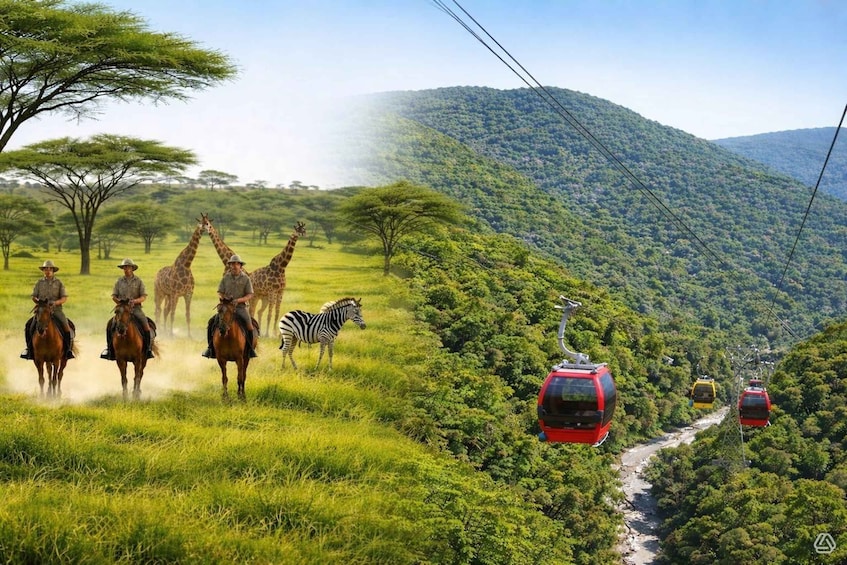 Ett safari där deltagarna åker på hästar och en zebra, ett system med linbanor och ett bergigt landskap. 1