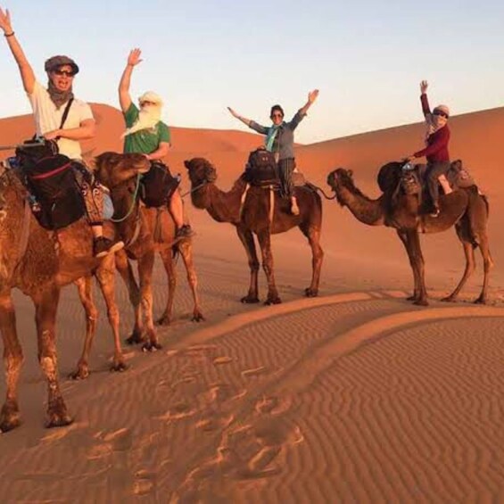 En gruppe mennesker rider på kameler i en ørken med sandklitter. 5