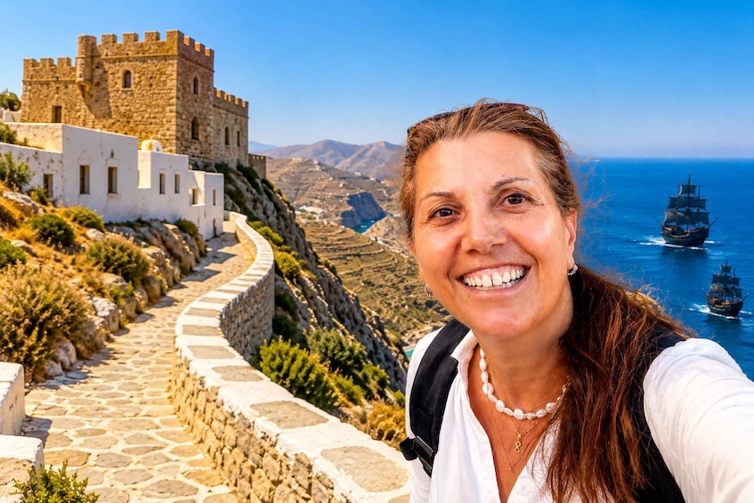 A woman taking a selfie with a historic stone wall and a castle in the background. 1