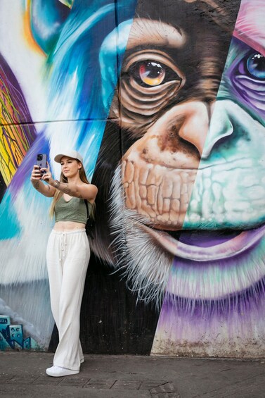 A person taking a selfie in front of a colorful mural with a lion's face. 1