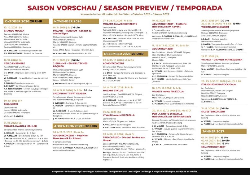 A detailed concert schedule for the Minoritenkirche Wien from October 2026 to January 2027. 2