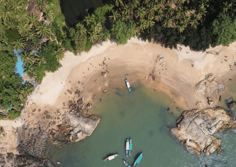 Vista aérea de una playa con palmeras, agua cristalina y varias embarcaciones ancladas cerca de la orilla. 5