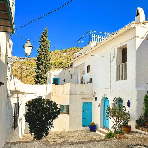 Una calle estrecha con edificios blancos, puertas azules y un árbol. 4