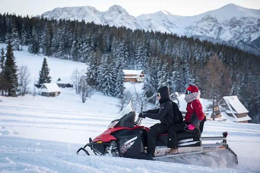 A snowmobile with two people on it, a snowy landscape, and mountains in the background. 2
