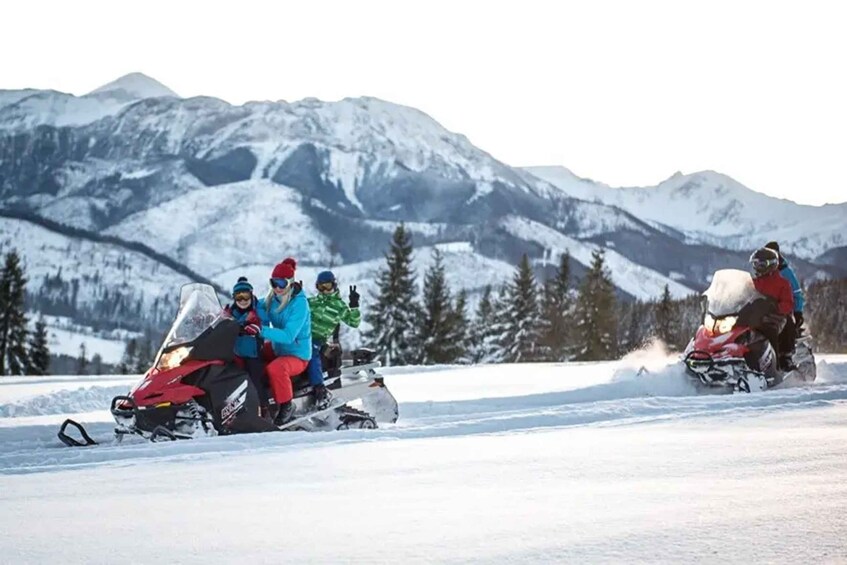 A group of people on snowmobiles in a snowy landscape with mountains in the background. 4