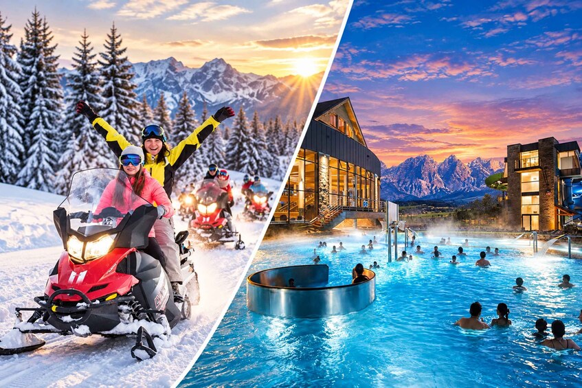 A snowmobile on a snowy mountain, a hot tub with people, and a modern building with a ski slope. 1