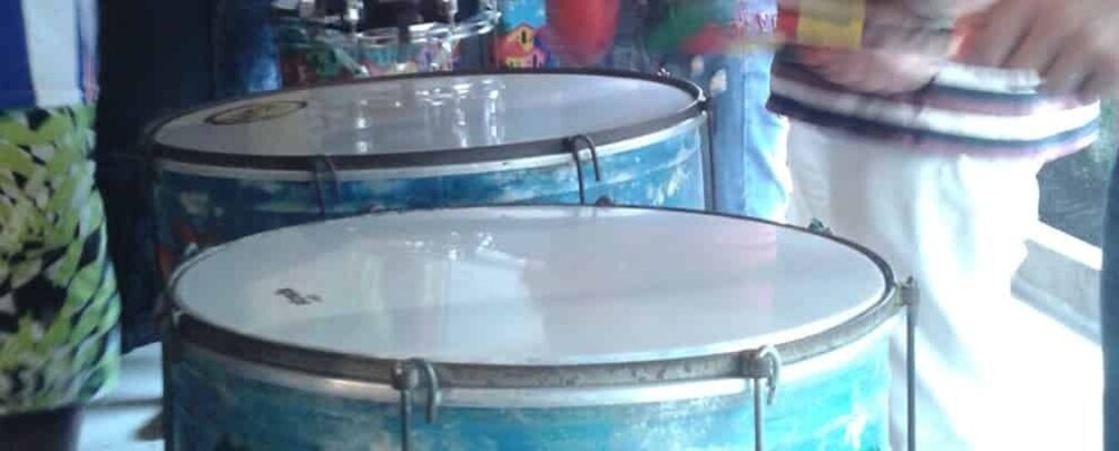 Two blue drums with lids, a potted plant, and a person holding a drumstick. 2