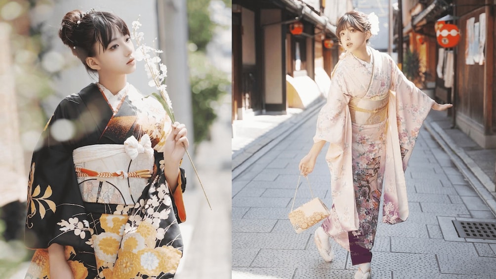 A person in traditional Japanese attire holding a fan and a flower, and another person walking on a street. 4