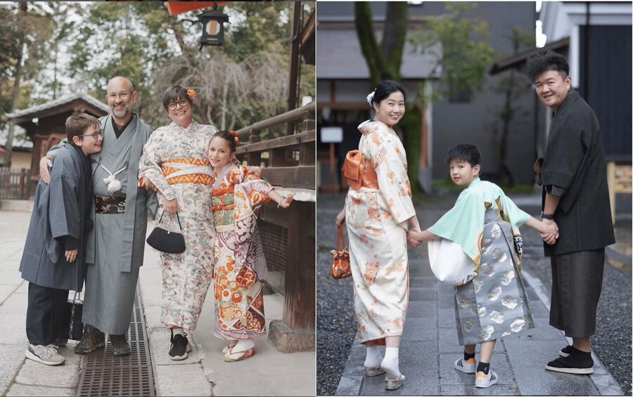 A family in traditional Japanese attire, a wooden structure, and a street scene. 5