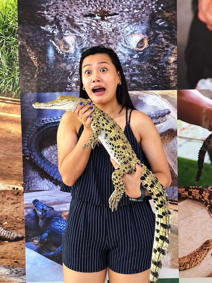 Una persona sosteniendo una serpiente grande con escamas ornamentadas. 3