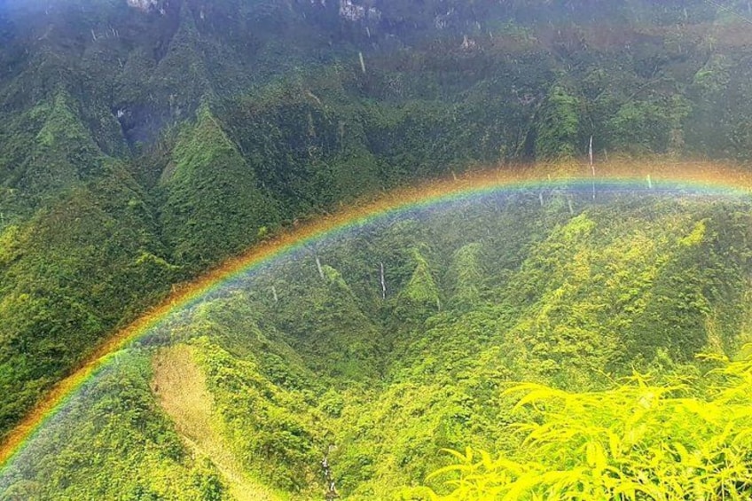 Een weelderig groen landschap met een duidelijke regenboog boven een vallei. 3