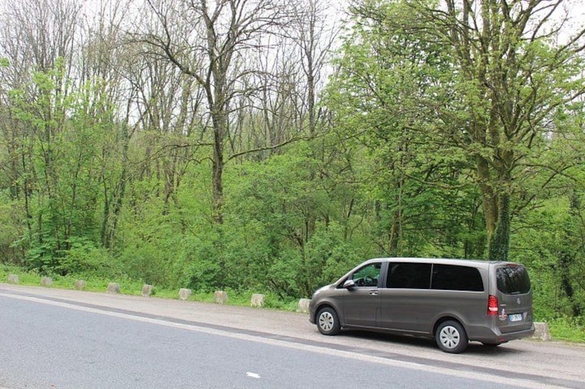 En grå skåpbil stod parkerad vid vägkanten, med ett skogsområde i bakgrunden. 3