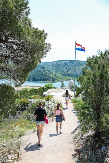 A paved path with two people walking, surrounded by trees and a flagpole with a flag. 5