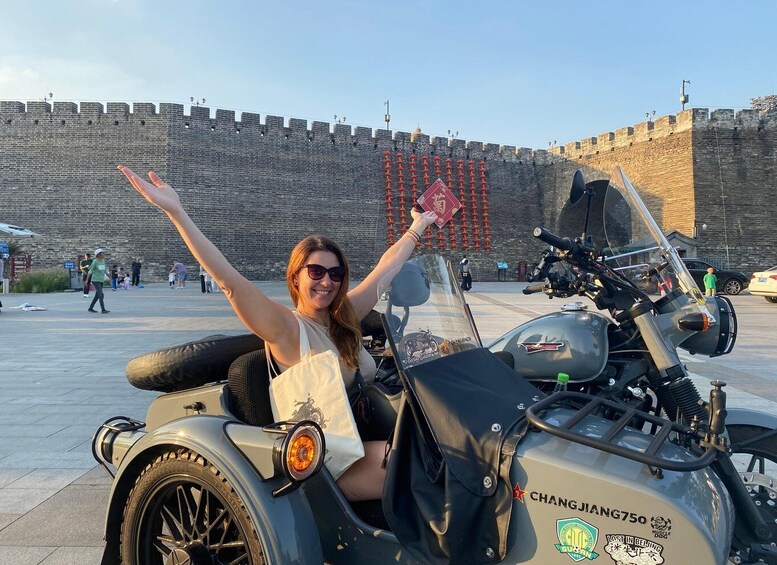 A person in a motorcycle sidecar with raised arms, a police vehicle, and a large brick wall in the background. 5
