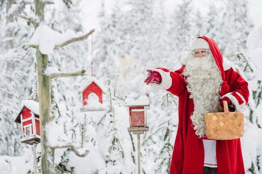 Una persona con abrigo rojo y barba blanca, parada en un paisaje nevado con árboles cubiertos de nieve y casas de pájaros rojas. 4
