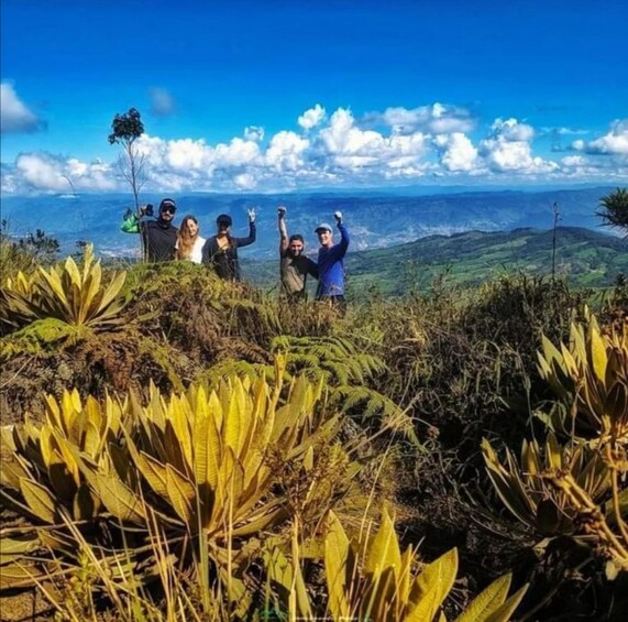 A group of people on a mountain with a view of the ocean and clouds. 2