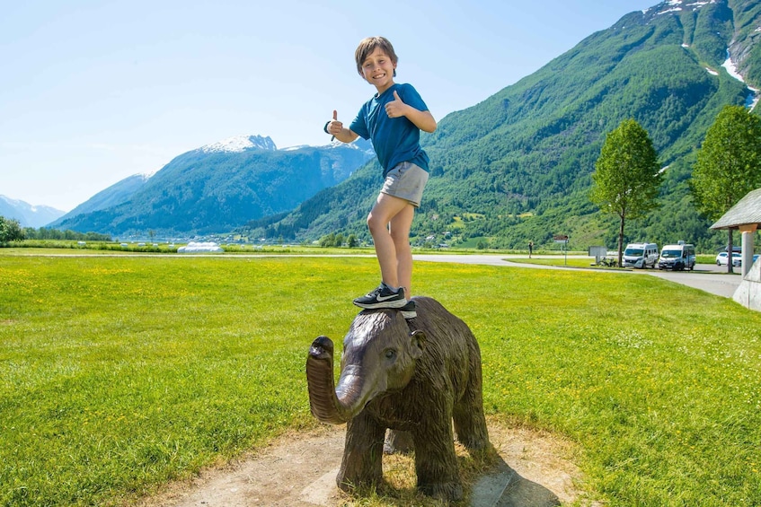 A person standing on a statue of an elephant in a grassy field with mountains in the background. 4