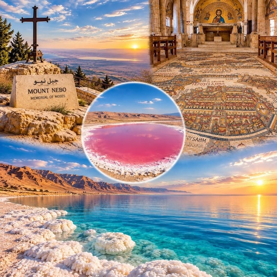Mount Nebo Memorial of Moses, a cross, a church interior, and a vibrant lake with clear waters and white coral formations. 1
