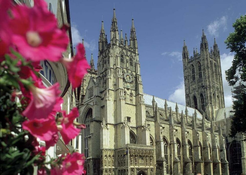 A Gothic cathedral with twin spires and intricate stonework. 1