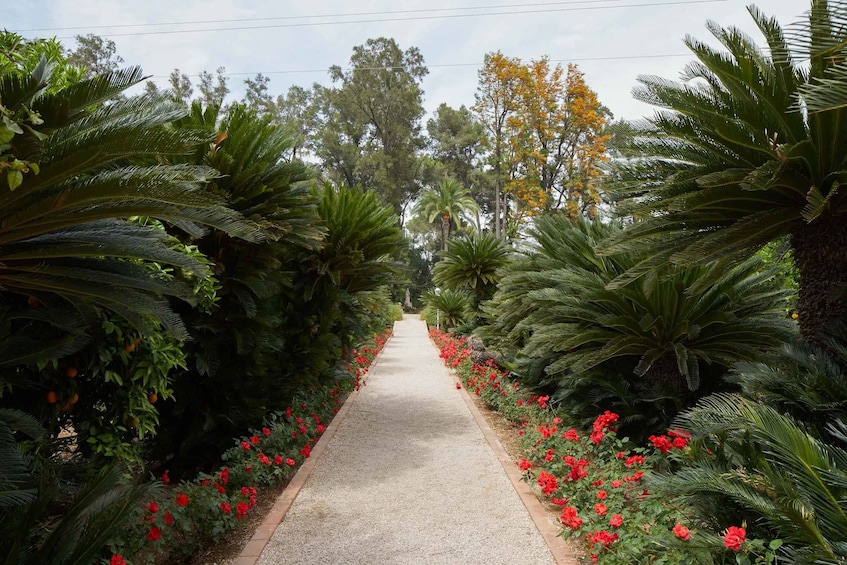 Un chemin de gravier bordé d’une végétation luxuriante et de fleurs d’un rouge éclatant. 3