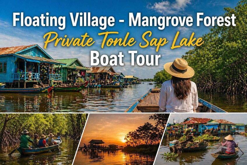 A floating village with traditional houses on stilts, surrounded by mangrove forest and boats on the water. 1