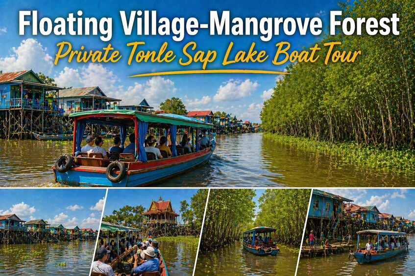 A floating village with traditional houses and a boat tour. 3