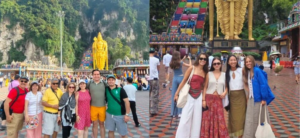 A group of people in front of a large golden statue and a temple with colorful steps. 2