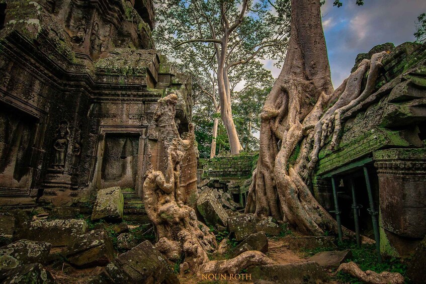 Ein uralter Tempel mit überwucherten Wurzeln und Steinmetzarbeiten. 5